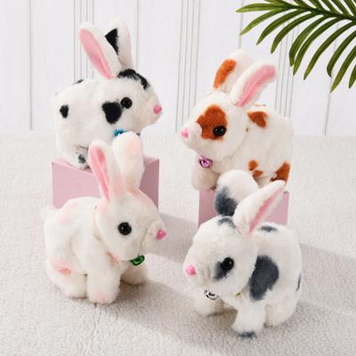 Electric Plush Rabbit Toy with Sound Fuzzy Movable Ears Mouth Tail Walking Nodding Spotted Bunny Plushie Doll Kids Boys Girls Birthday Gift