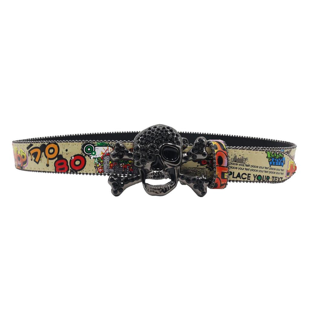 Cintura in Pelle con Teschio Graffiti e Strass: Stile Europeo e Americano Versatile