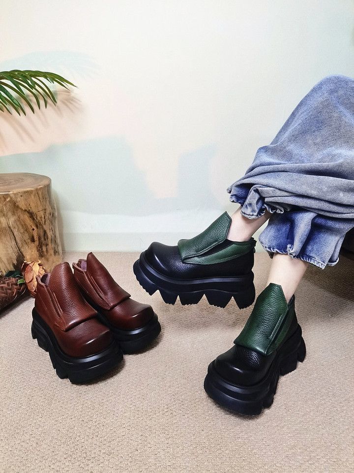 Grube, retro, jesienno-zimowe, ręcznie robione damskie buty na grubej podeszwie, lekkie, luksusowe, zapinane na suwak, super duże, dopasowane kolorystycznie, aksamitne, krótkie buty na koturnie