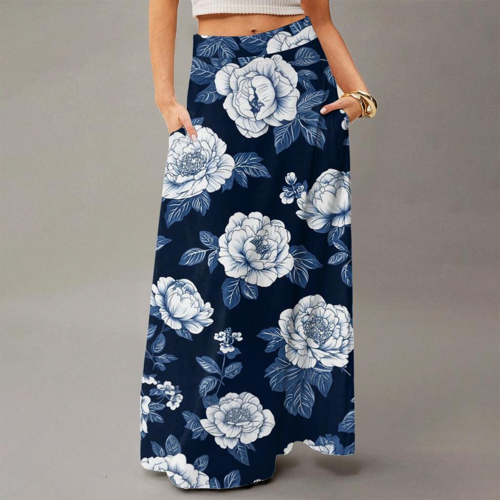 Damen Lässig Freizeit Faltbar Blumenmuster Hohe Taille Mit Tasche Drapierter Entspannter Langer Maxi-Rock