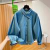 Chemise en jean à revers irrégulier pour femme 1116 nouvelle collection début de printemps ample style étranger bleu haut