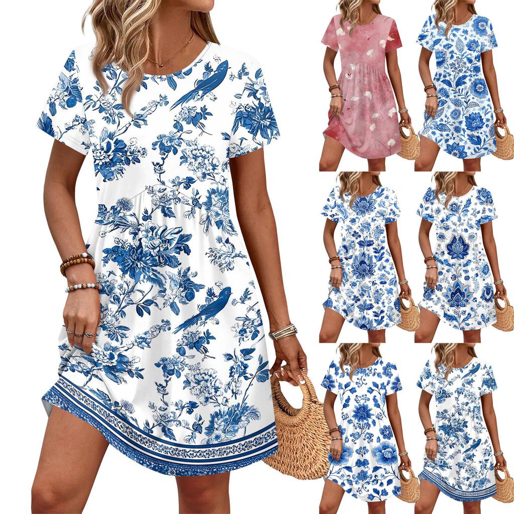 Dresses For Women Short Sleeve Print Round Neck Casual Dresses Waist Dress With Pockets