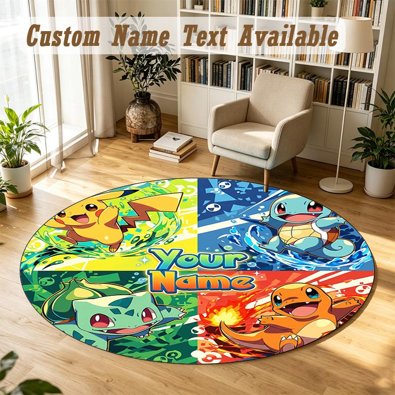Round Rug Custom NamePokémon Pattern Non Slip Carpet Home Floor Decor