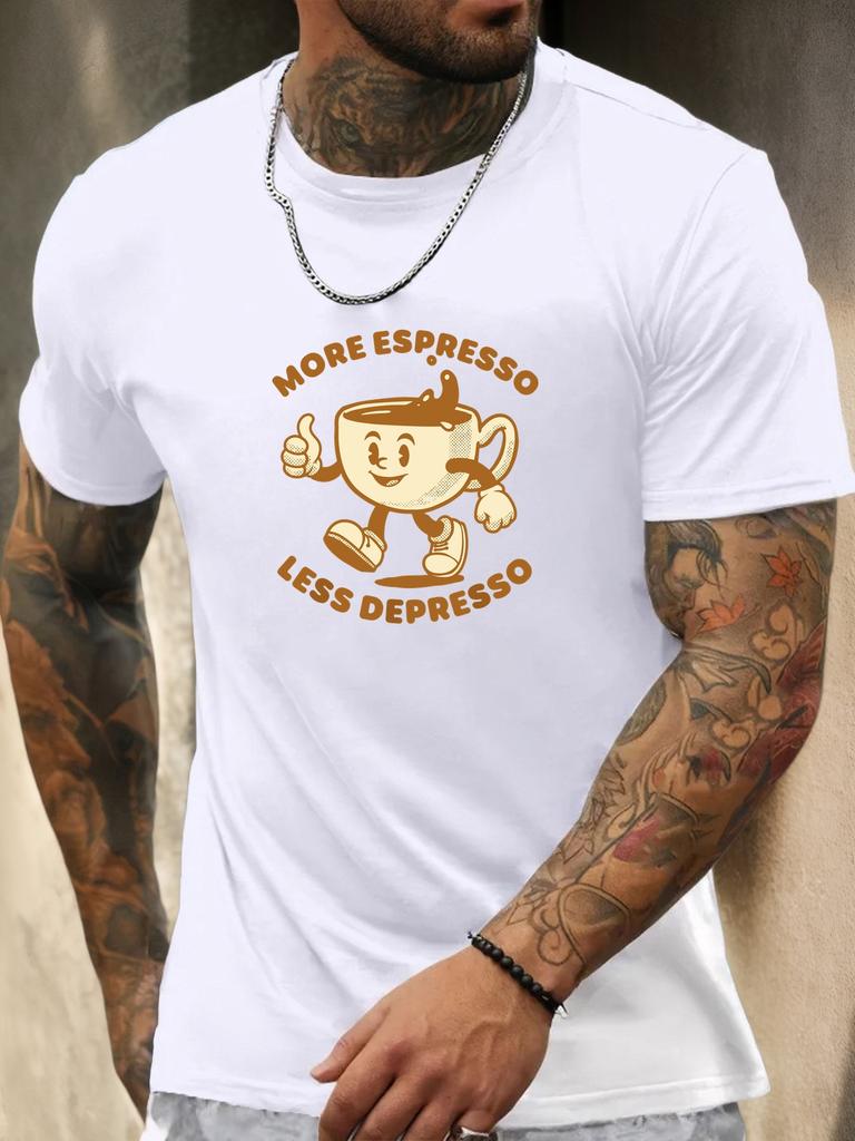 Retro More Espresso Coffee Cup Character Graphic Unisexs Cotton Crew Neck Tee Short Sleeve Loose Casual Daily Street Male Wear Top