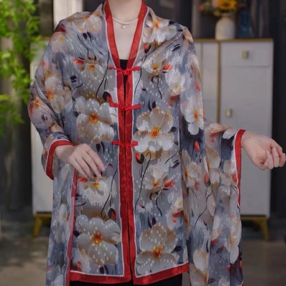 Chinese Style Summer Silk Shawl with Frog Button - Elegant Travel Photography Scarf for Women