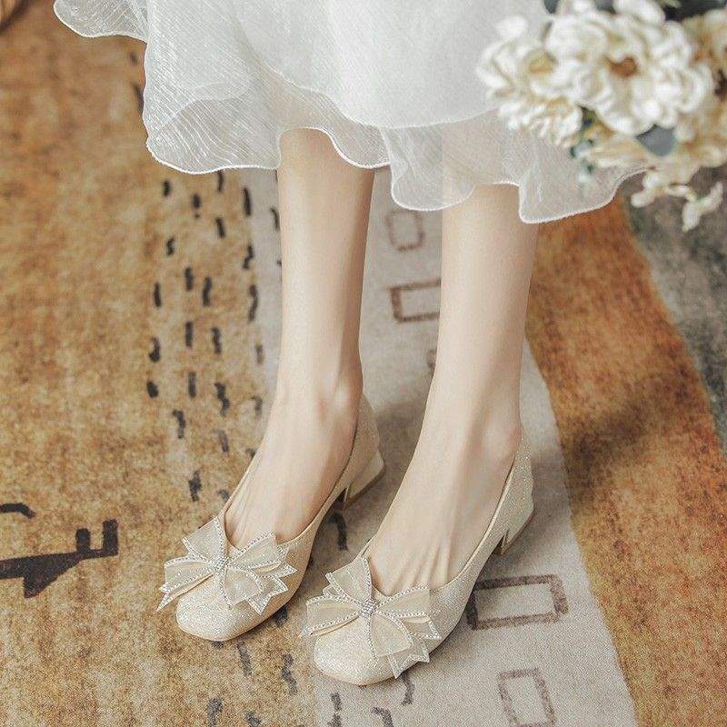 Flat single shoes women's 2025 new soft sole square head shallow mouth French gentle wind one pedal bridesmaid wedding shoes bride shoes