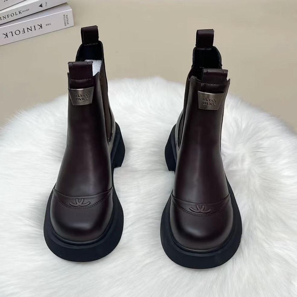Genuine Leather Thick Sole Chelsea Ankle Boots for Women - 2025 Autumn/Winter, British Style, Chimney Heel, Height-Boosting Slimming Martin Design.