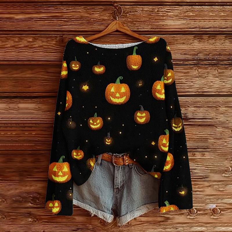 Womens Loose Long Sleeve Knit Sweater 3D Print Halloween Casual Top