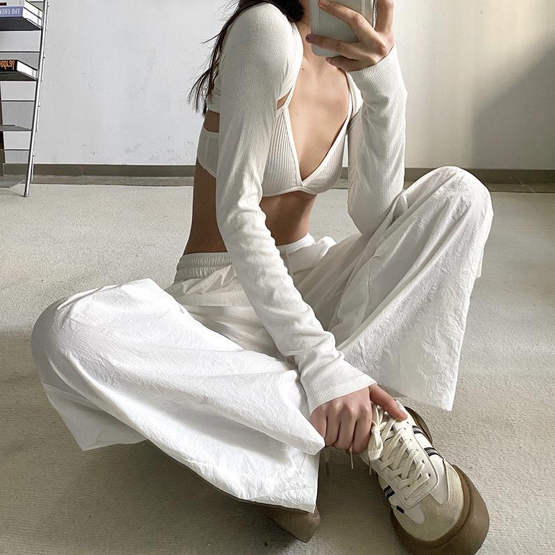 2022 Lässige Taschen Elastischer Bund Damen Hose Weiß Frühling Hohe Taille Schnürung Sporthose Mode Gerade Hose