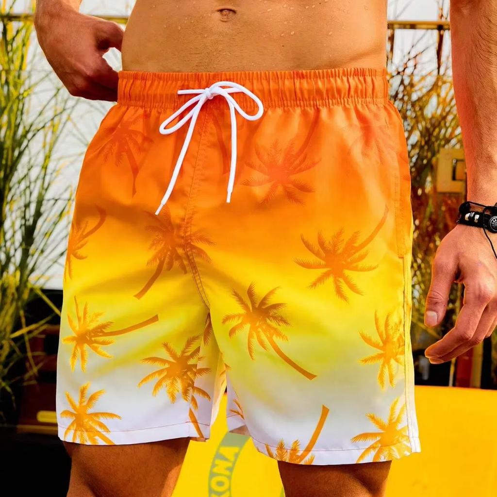 Drawstring Men's Beach Short Men's Swim Trunks Elastic Waist 3D Print Palm Tree Gradient Breathable Short Streetwear Polyster