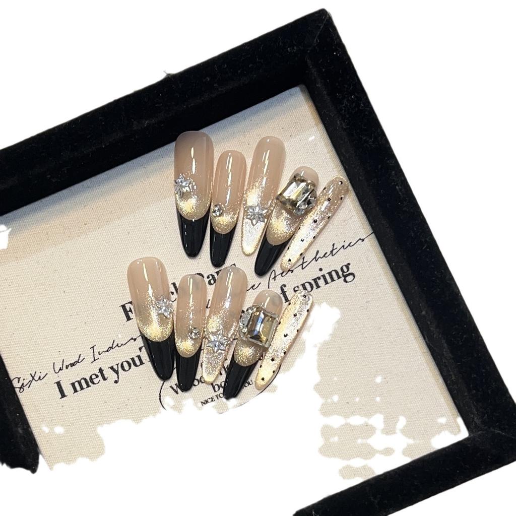 Pure Hand-woven Armor High-end Golden Light-chasing Cat Eye Nail Art Black French Flash Zircon Diamond Fake Nail Sheet