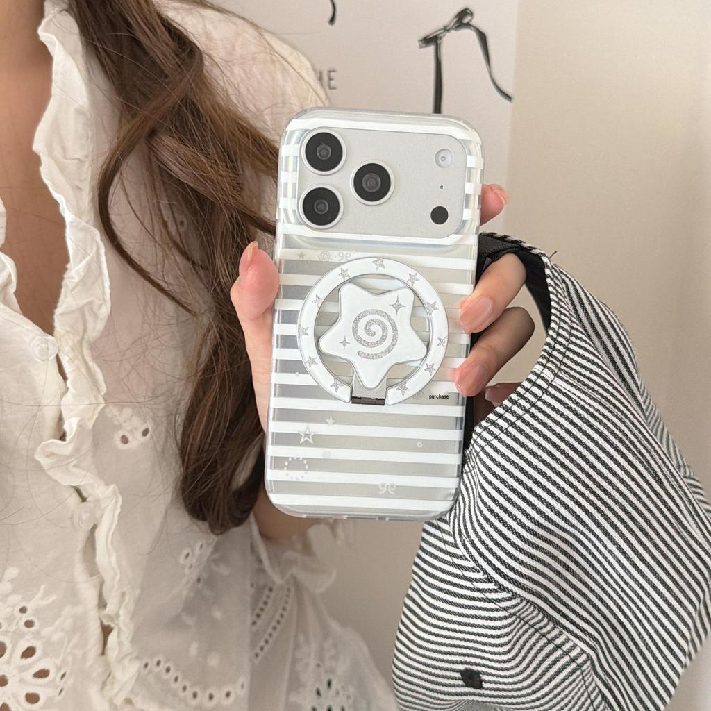 Korean Style Stripes & Stars Foldable Stand Case, Compatible with iPhone 15/16/17 Pro Max