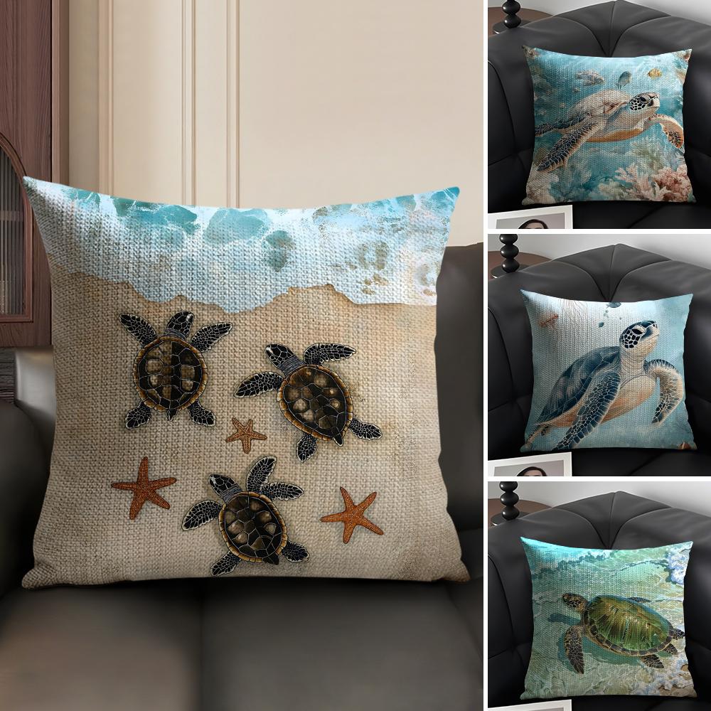 Sea Turtle Fashion Cushion Cover Natural Linen Organic Fabric Double-Sided Printing Sofa Home Decor Gift Pillow Case