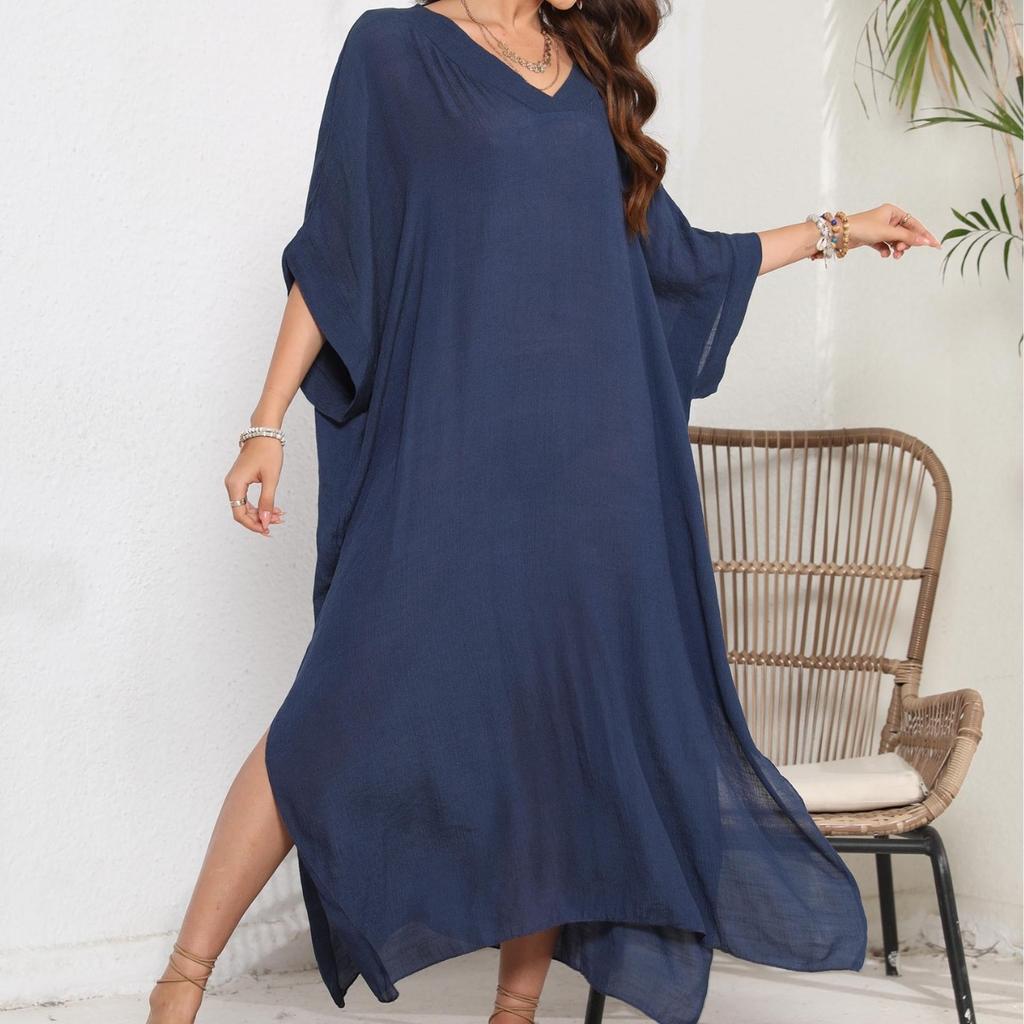 Summer Women Plus Size Beach Dress V Neck Loose Casual Dress Floor Length Split Swimsuit Cover Up