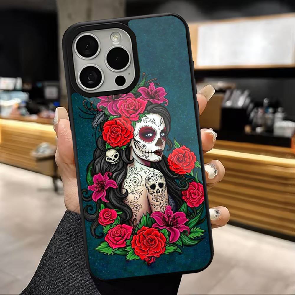 Skull Girl Catrina Mexican Phone Case  For iPhone 16,15,14,13,12,11,Pro,Max,Plus,Mini,Magsafe,Magnetic Wireless Charging Case
