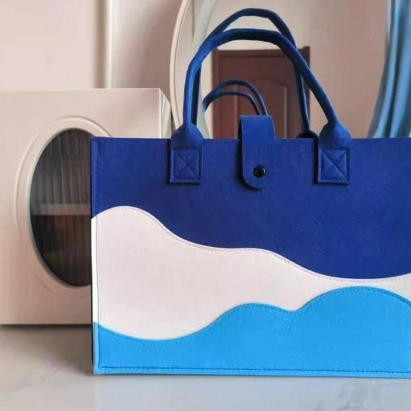Reusable Felt Tote Bag Wavy Color Block Design Snap Closure Large Capacity for Picnic Shopping Office Commute