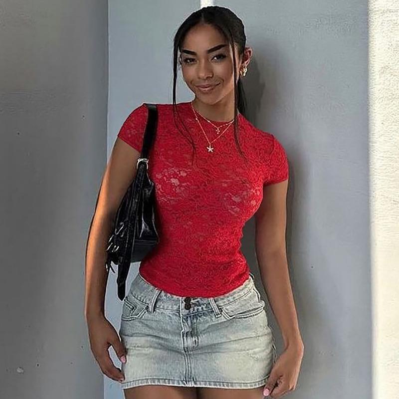 Spring and Summer New Fashion Sexy Hottie Lace See-through Slim Round Neck Top S красный