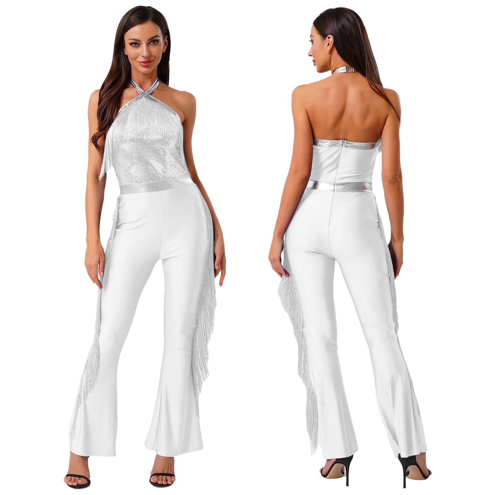 Femmes Années 70-80 Disco Latin Jazz Danse Cha-cha Body Brillant Paillettes Franges Combinaison Halloween Carnaval Cosplay Costume de Performance S