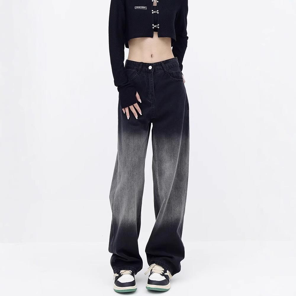 Birnenförmige High-Waist Schwarze Gradient Wide Leg Jeans für Damen - Schlankmachende Straight Leg Hose für Frühling und Herbst