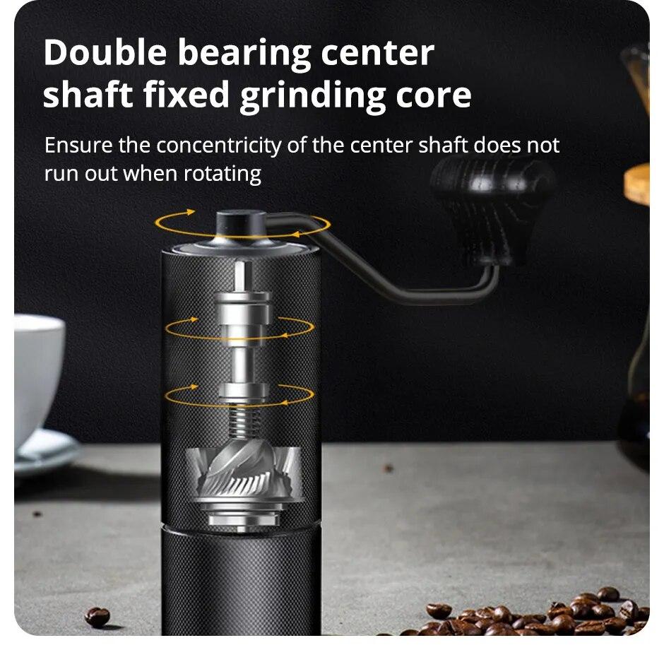 Neue manuelle CNC-Kaffeemühle mit Grat im Inneren, hochwertiges Griffdesign, tragbare Handmühle mit verstellbarem Doppellager