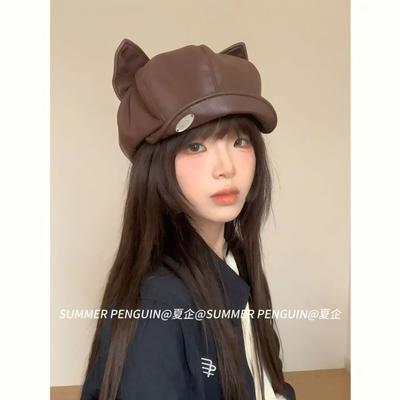 Autumn and Winter Beret Cute Cartoon Cat Ears Pu Leather Octagonal Hat Female Retro Cloud Painter Hat
