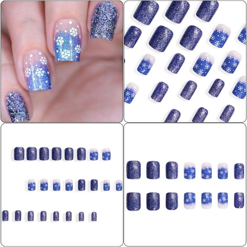 24 Pieces Short Square Artificial Nail With Blue Glittering Snowflake Designs Press on Nail For Festive Occasion