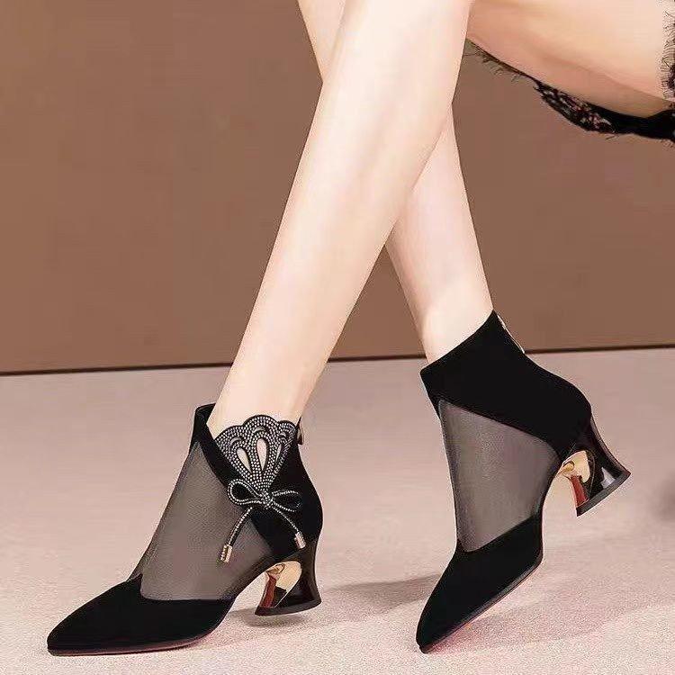 Baotou High-heeled Cool Boots Women's Thick-heeled Mesh Hollowed-out Sandals Women's Summer New Fashion Rhinestone Bow Versatile Net Boots