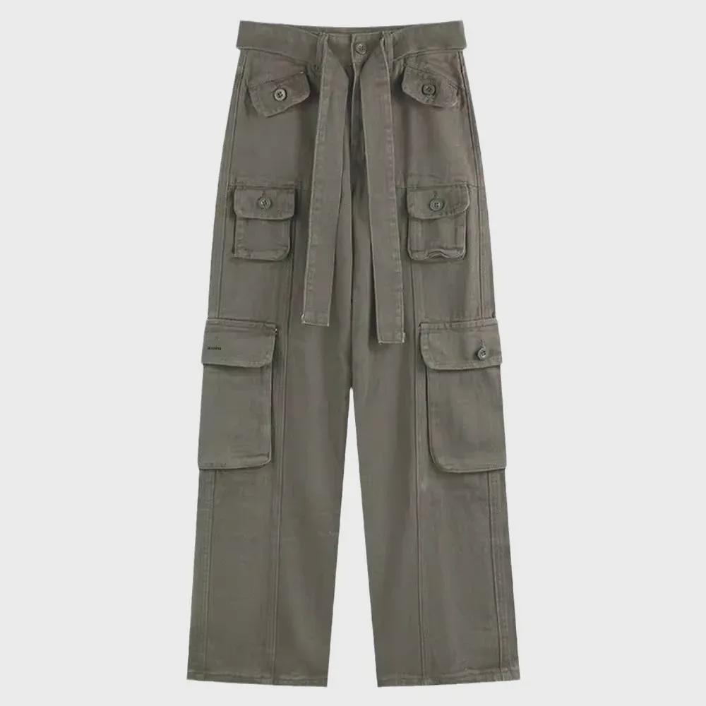 2024 Women's Retro Multi-Pocket Distressed Work Pants: Street-Style Slimming Straight Leg Long Trousers