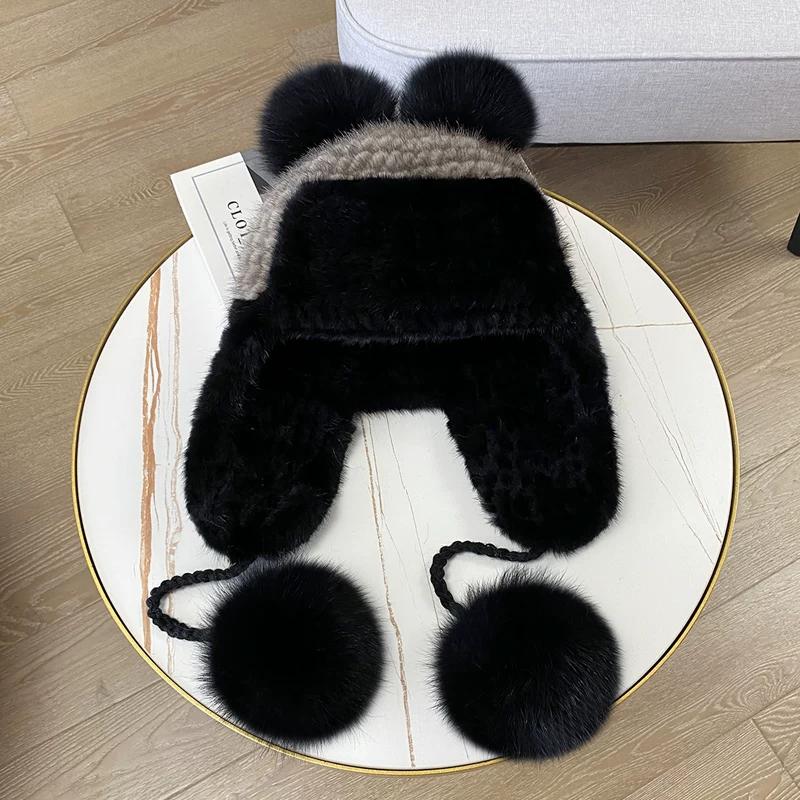 Winter New Warm Mink Hair Woven Lei Feng Hat Female Ear Protector Mink Hat Cute Fox Fur Ball Fur Hat