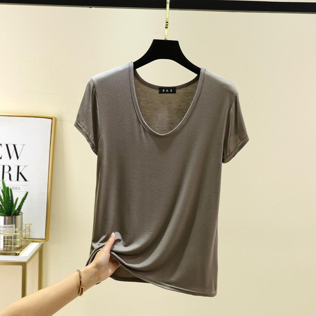 Plus Size M To 6XL U-Neck Women's Tshirt Short Sleeves Modal T-shirts Thin Bottomed Tees Solid Color Loose Tee Tops All Match