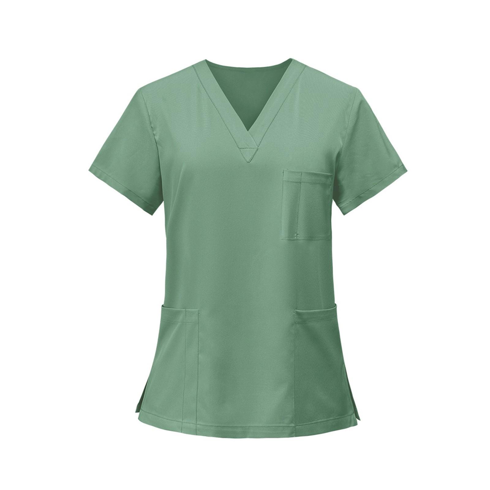 

Ladies Lightweight Color V-neck Multi Pocket Side Slit Short Sleeved Shirt XXL