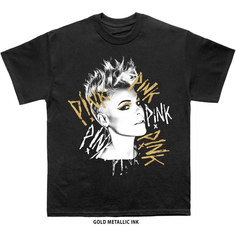 Pink - Ladies Boyfriend with Gold Metallic Ink - Black t-shirt M