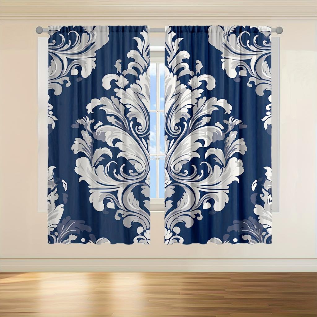 Elegant Navy Blue White Damask Pattern Curtains Drapery Soft Gray Background Luxurious Design Details Perfect Set Of 2 Made Polyester