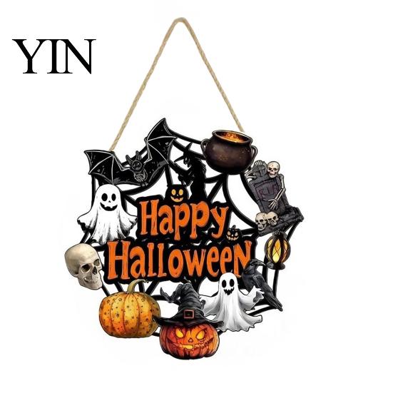 Fall Front Porch Signs Halloween Wooden Wreath Door Hanger Sign, Pumpkin Ghost Black Cat Witch Ornaments Bat Patterns, Hanging Plaque for Farmhouse