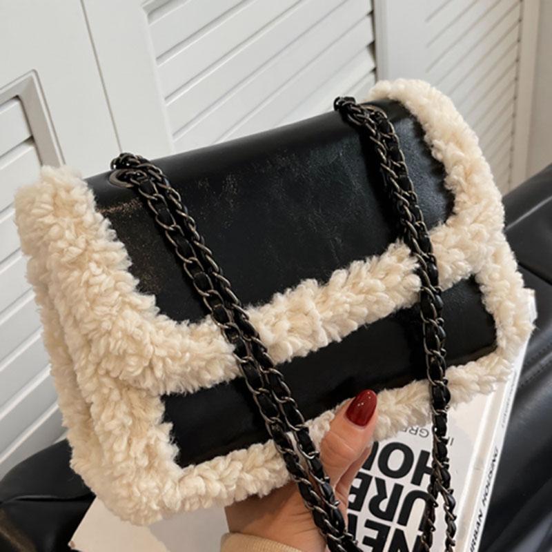 Lamb Wool Splice Retro Chain Crossbody Bag Patent Leather Glossy High-End Texture Shoulder Bag Women New Portable Handbag