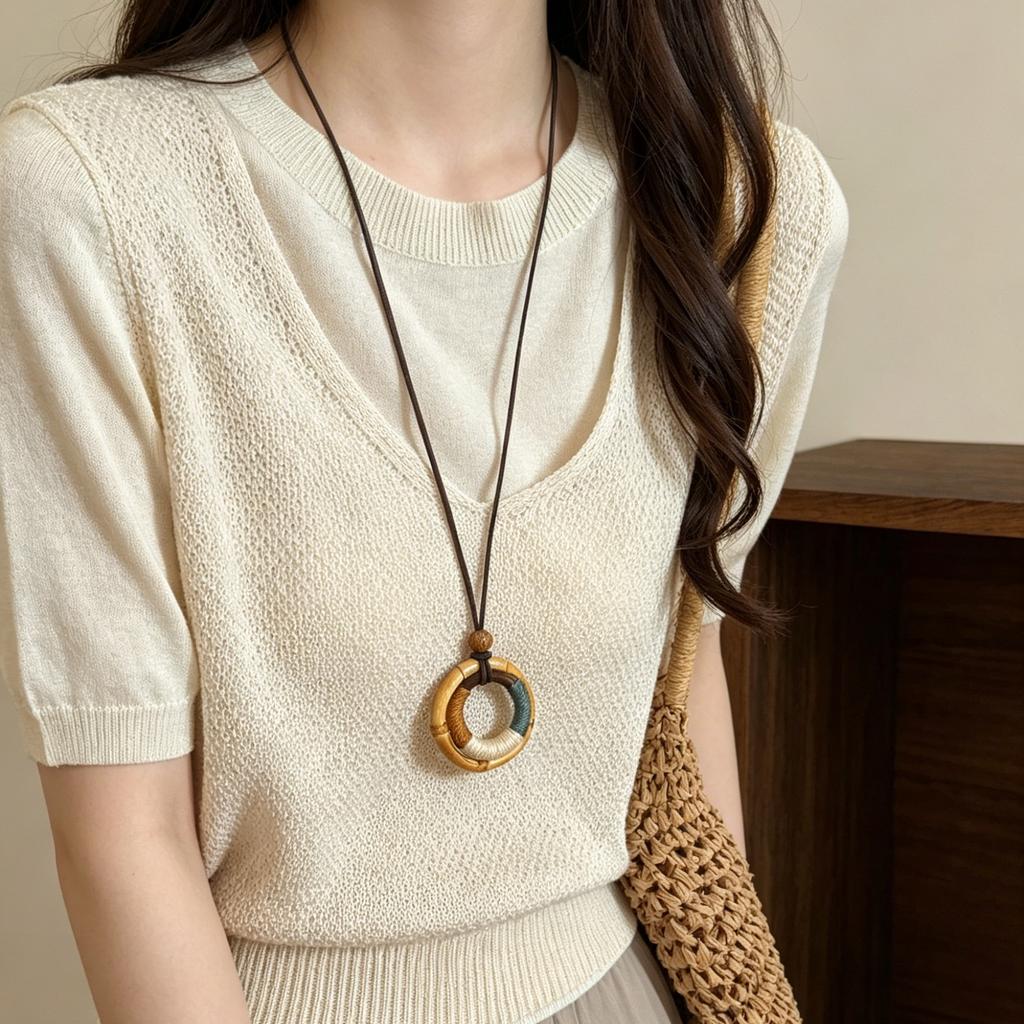 Trendy Boho Hol Hout Dikke Geometrie Bamboe Gewricht Hanger Lang Verstelbaar Koord Trui Ketting Ketting Voor Vrouwen Bedels Sieraden