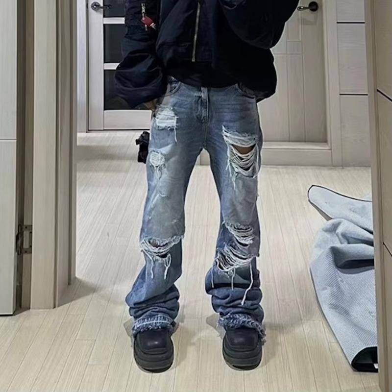 DRIPX Distressed Vintage Hole Ripped Blue Flare Jeans Pants for Men and Women Streetwear Casual Baggy Denim Trousers Oversized Cargos