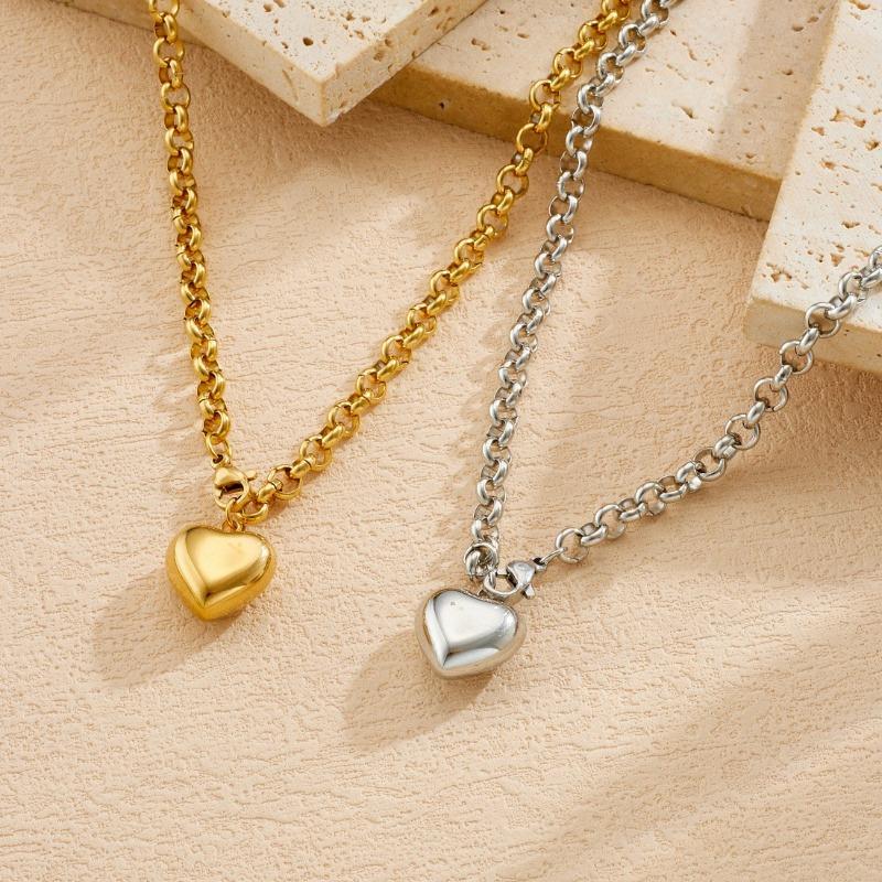 Gold Plated Chunky Rolo Chain 3D Heart Pendant Necklace