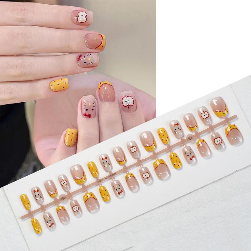 30 Pcs Cute Cartoon Bunny Kt Cat False Nail Wearing Armor Wearable Manicure Artificial Press On Nail Tips Diy Nail Art Decoratio