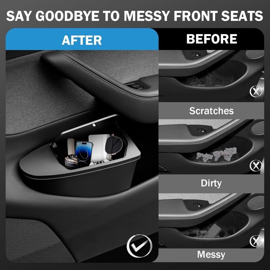 UBLM4 Front Door Built-in Storage Organizer for Tesla Model Y Juniper 2025 2026 Car Garbage Bin with Push‑Open Lid ABS Door Organizer