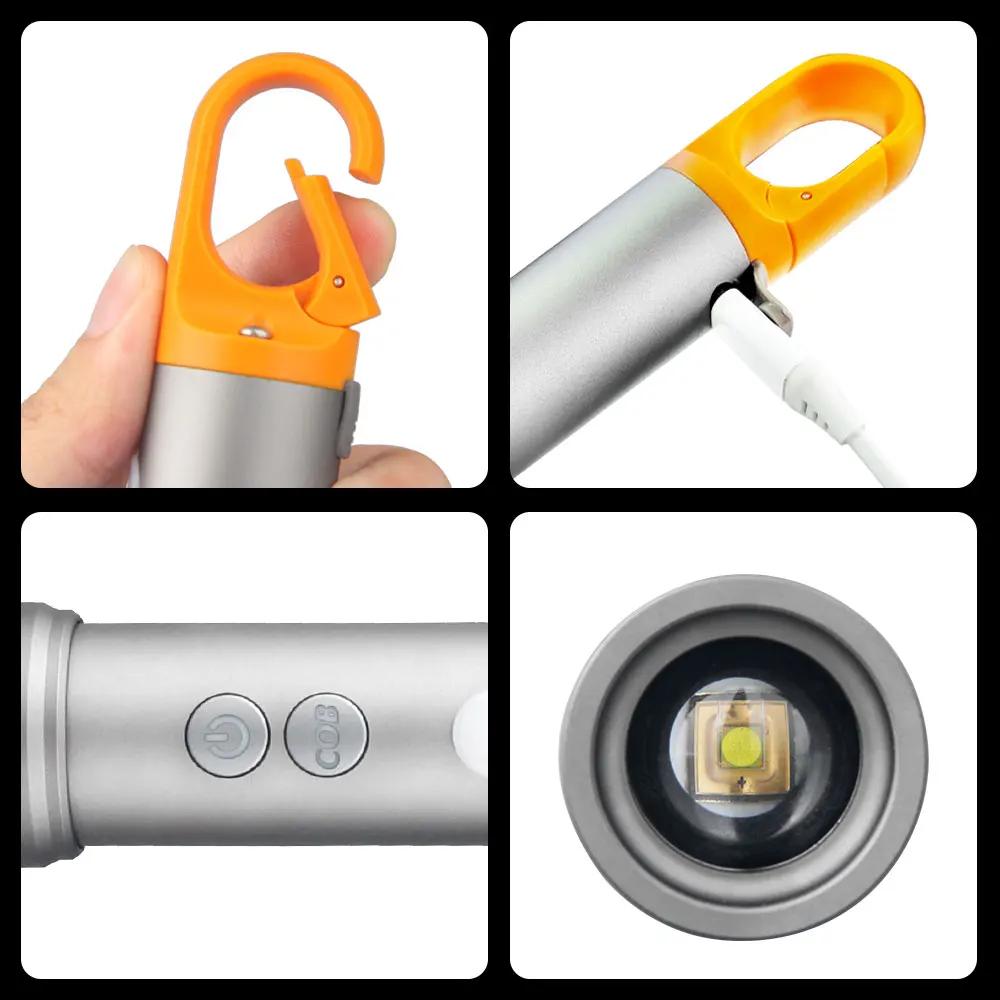 Mini Multi-color Flashlight Green/Red/Blue/White COB LED Toch Zoom USB Charging Haning Tent Lamp Hunting Outdoor Fishing Light