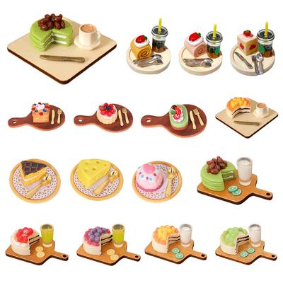 1Set Dollhouse Miniature Cake Dessert Coffee Milk Juice W/ Tray Simulation Kitchen Tableware Doll House Decoration Accessories