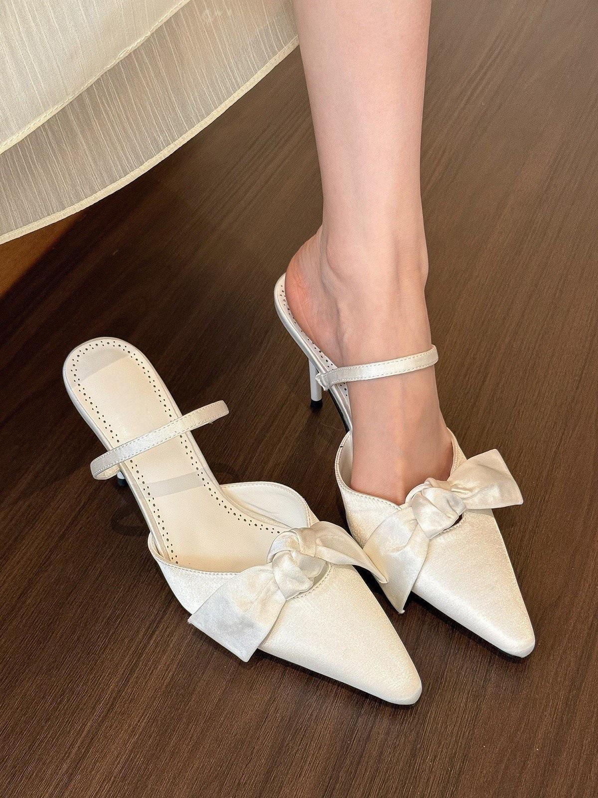 

Premium White Moonlight! Satin White Pointed Bow Muller High Heels Women s Empty Sandals 35
