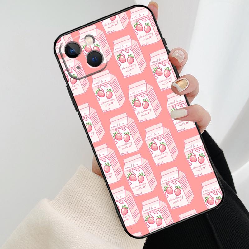 Kawaii Strawberry Milk Phone Case For iPhone 17 Pro Max 16 15 14 11 12 13 Pro Max mini 15 16 Plus 16e 17 Air Cover