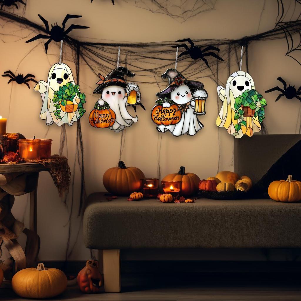 Halloween Ghost Stained Glass Ghost Decor 2D Cute Spooky Pendant Sun Catcher For Window Decor Indoor Outdoor Holiday Crafts