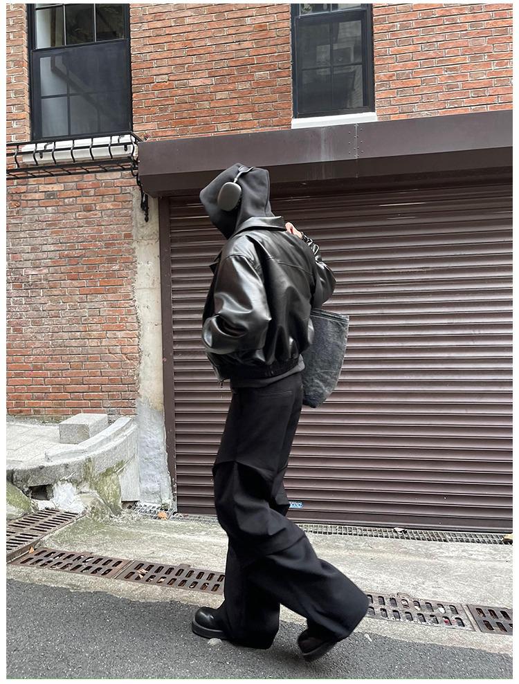 Men's Trendy Korean-Style Black PU Leather Padded Jacket with Zipper