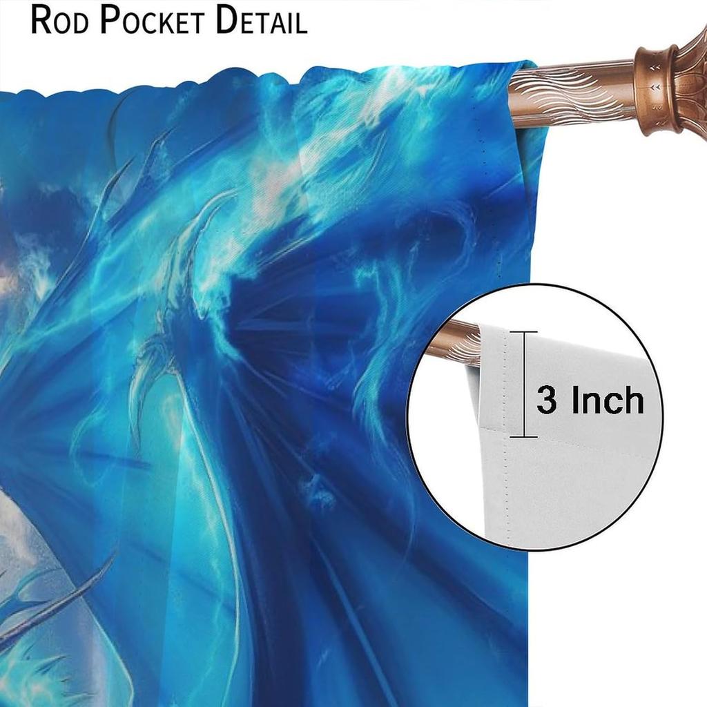 Ice Fire Dragon Curtains, Cool 3D Mystery Fantasy Sky Flame Red and Blue Flying Dragon Window Treatments, Thermally Insulated Ro