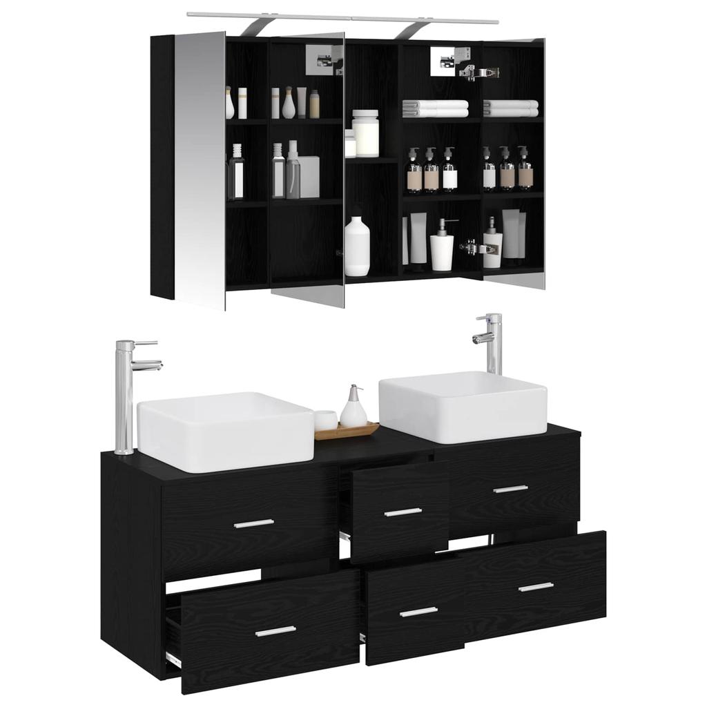 Bathroom Furniture Set 4 Pcs Black Oak Engineered Wood and Glass