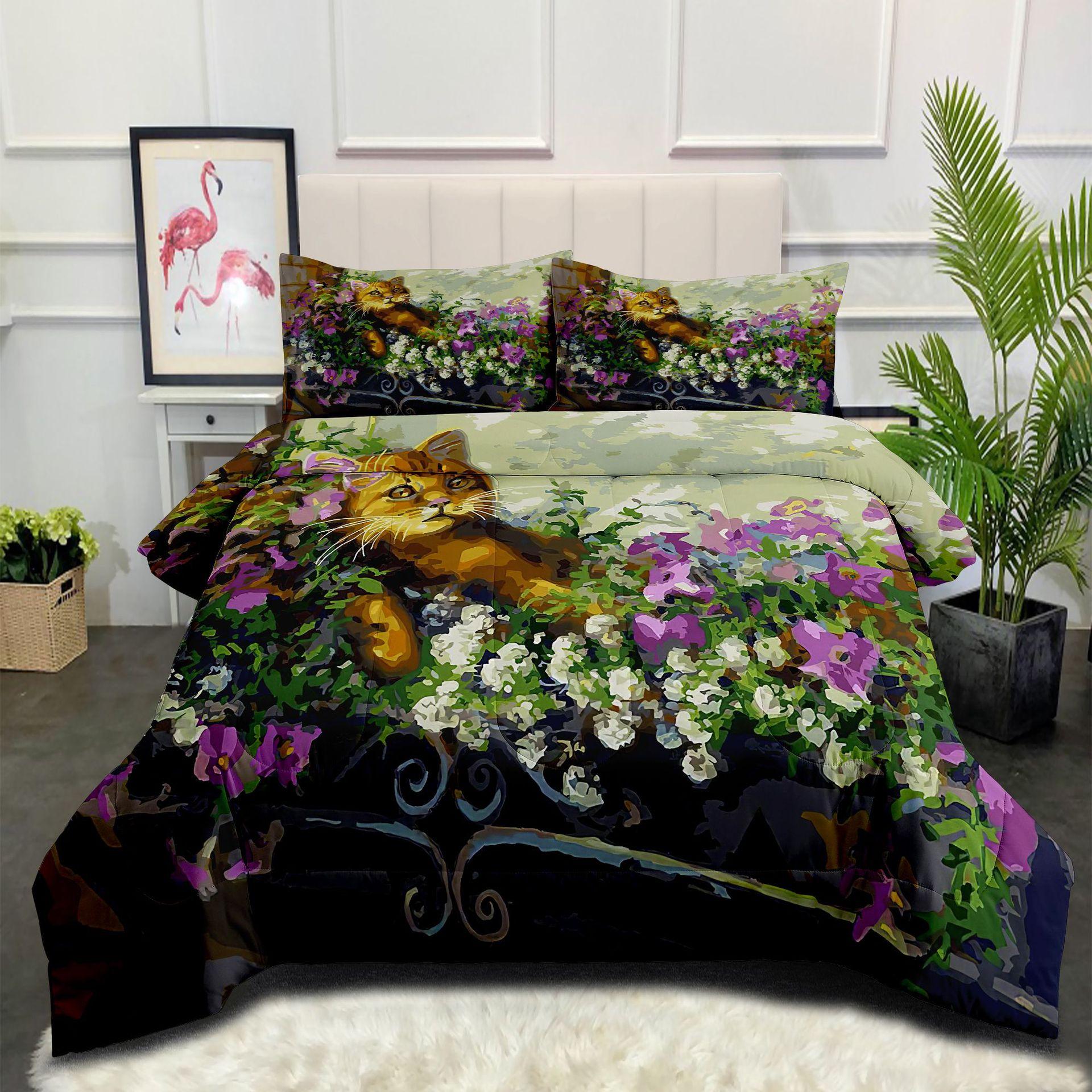 Flower Cat 3d Digital Printingthickened Feather Silk Quilt Cute Pet Cat Fat Quilt Cover Three-piece Set 140*200cm