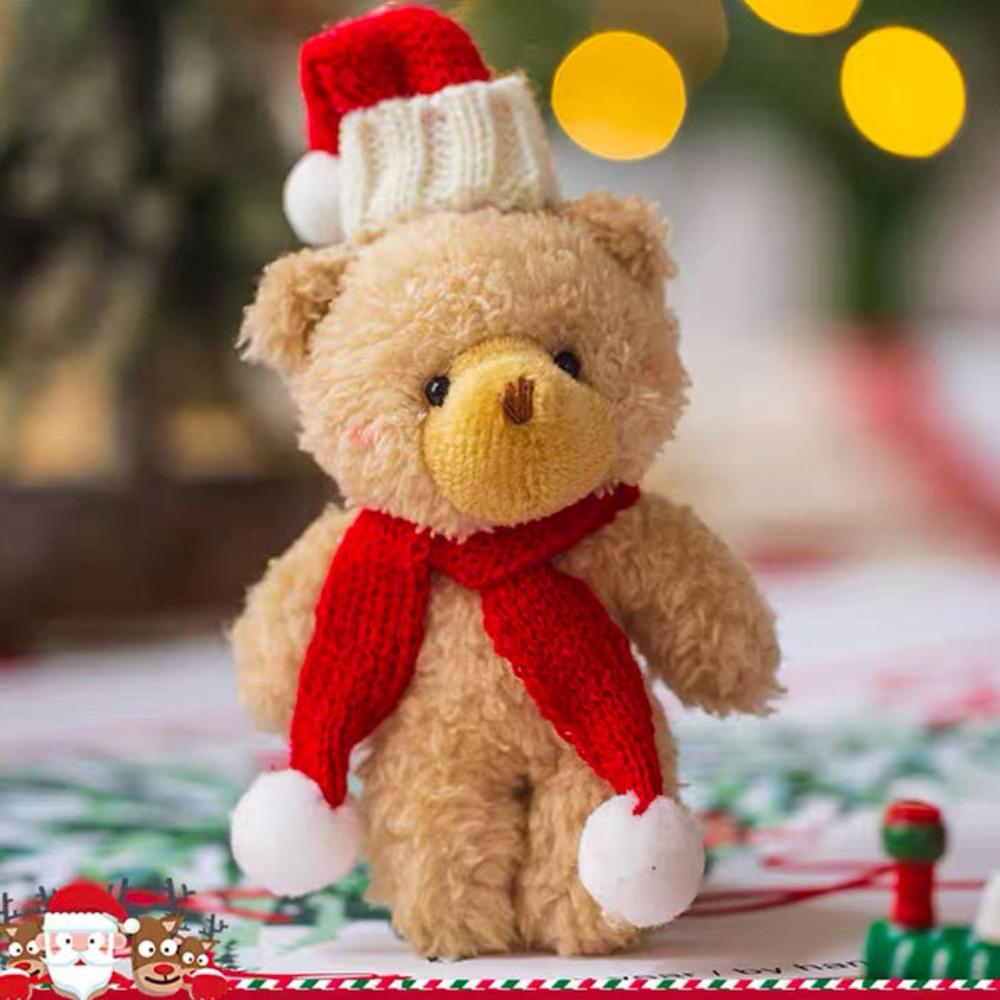 

New Polyester Cloth Curly Bear Doll Brown White Couple Hat Bear Christmas Bear Pendant Handheld DIY Bear Bag Pendant